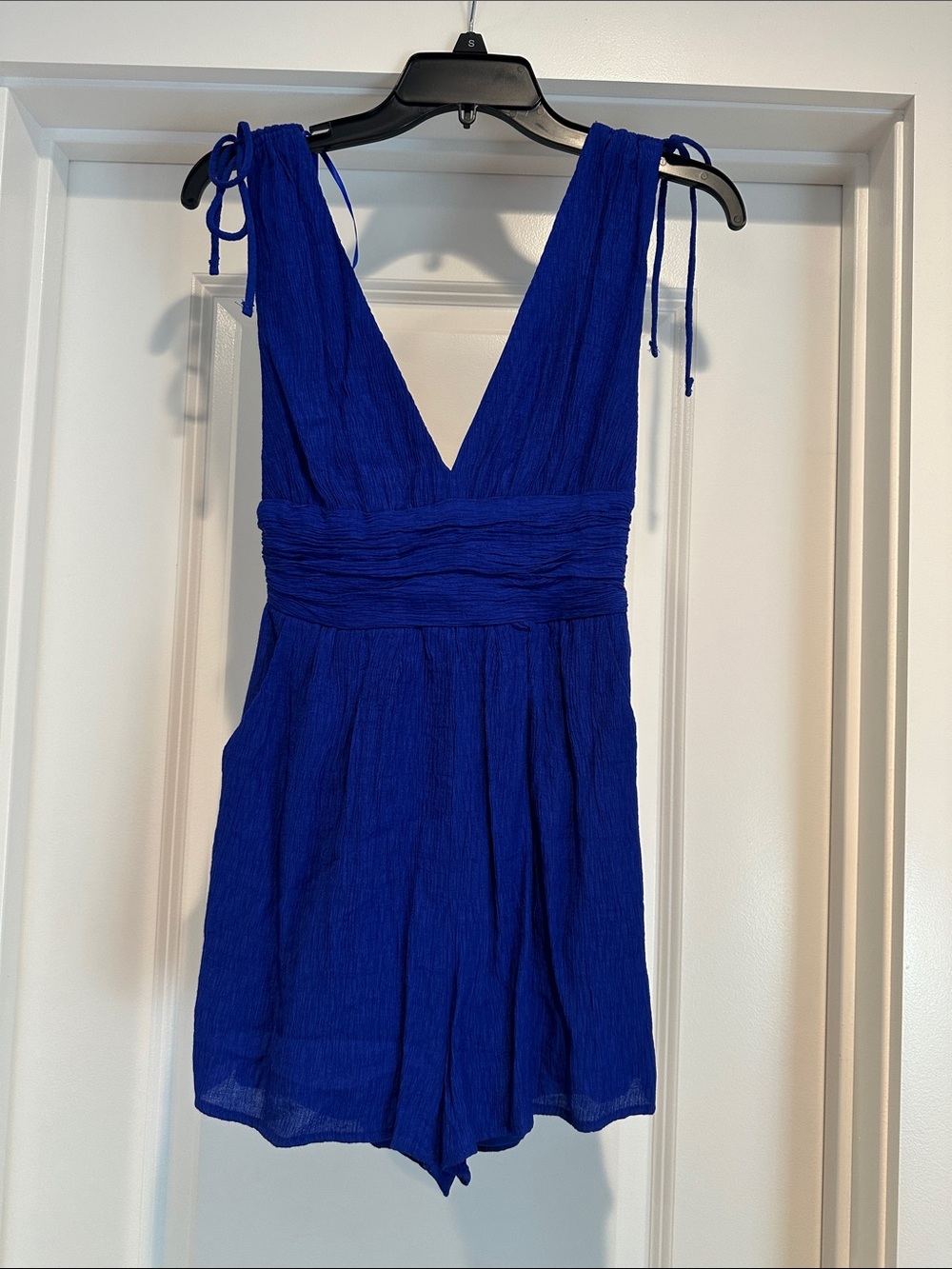 Womens' Royal Blue V-Neck Tie-detail Shoulder One-Piece Romper with side zip